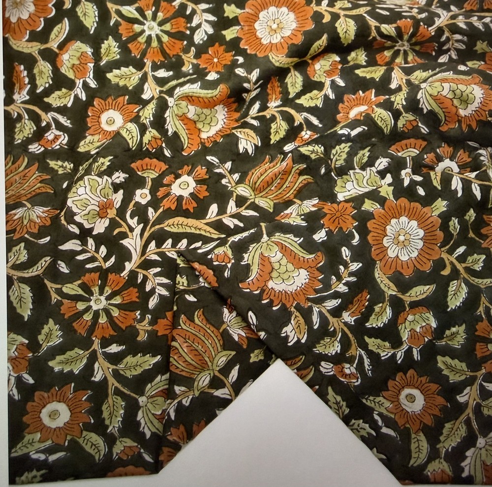 Blackbird Fabrics Block Printed Organic Cotton Fabric – Olive Drab/Rust 3.75 yds