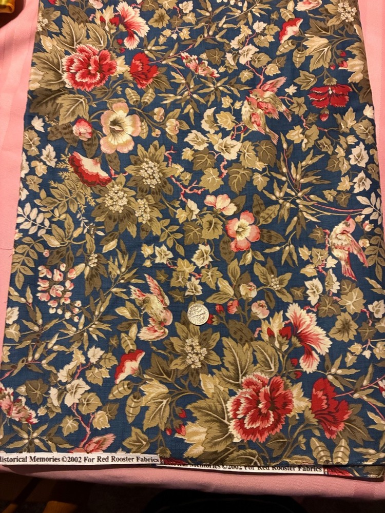 TWO YDS HISTORICAL MEMORIES 2002 RED ROOSTER FABRIC BLUE, PINK BIRDS, FLORAL