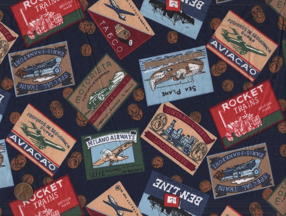 Robert Kaufman Vtg Travel Poster Sticker Quilt Fabric Ocean Liner Plane Train