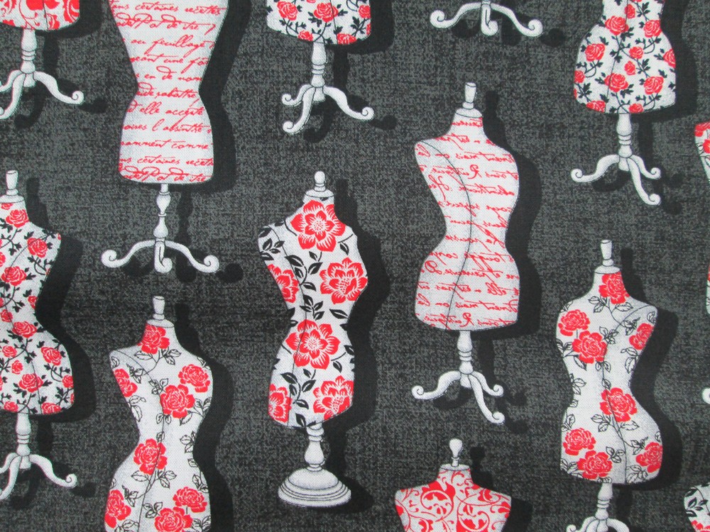 DRESS FORMS MANNEQUINS FRENCH ROSES BLACK COTTON FABRIC FQ