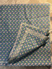Blue Fabric W/Repeating Daisy Pattern Green Pink White Flowers Cotton 90” X 44”