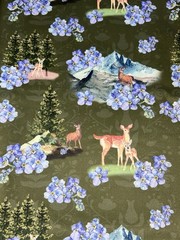 1 Meter Lindy Bop Scuba Double Knit Fabric Deer Woodland Forest