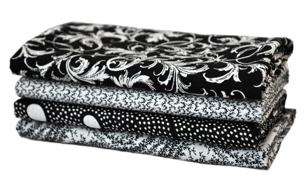 Black and White Swirls 4 Fat Quarters Bundle, 1 Yard Total, 100% cotton