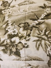2 Yards Tropical Olive Green White Dolphins Hibiscus Island 100% Cotton