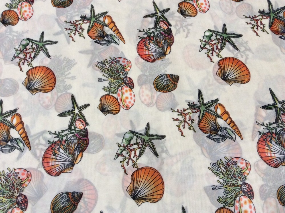 Sea shell sea weed star fish polyester chiffon fabric on beige, 58″ by 20″