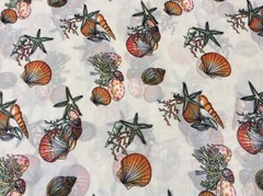 Sea shell sea weed star fish polyester chiffon fabric on beige, 58″ by 20″