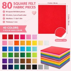 80 PCS Wool Blend Felt Sheets 12×12 Inch 30x30cm 1mm Assorted Colors Craft