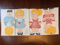 vintage cut-and-sew fabric panel Girl dolls 16” Blue And Red Dresses
