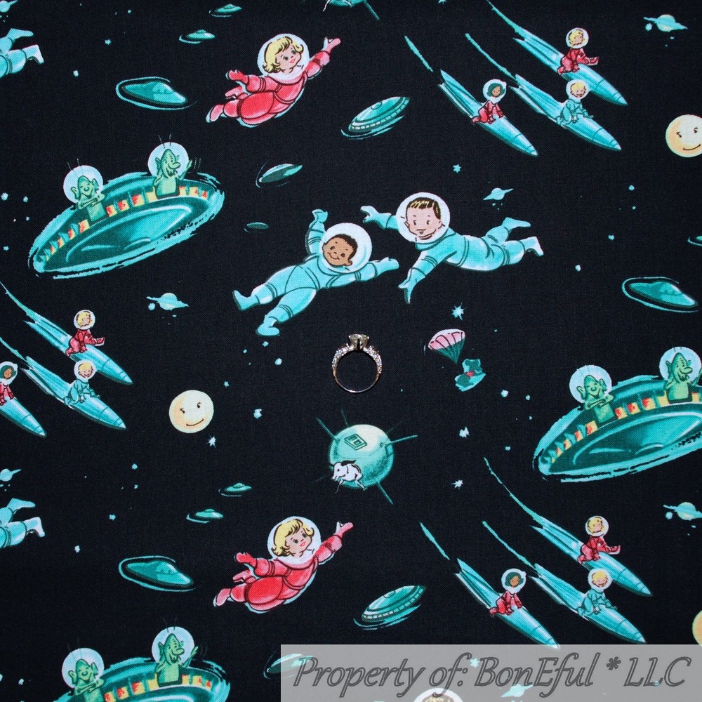 BonEful FABRIC FQ Cotton Quilt Black White Red Blue Star Space VTG Antique Kid S