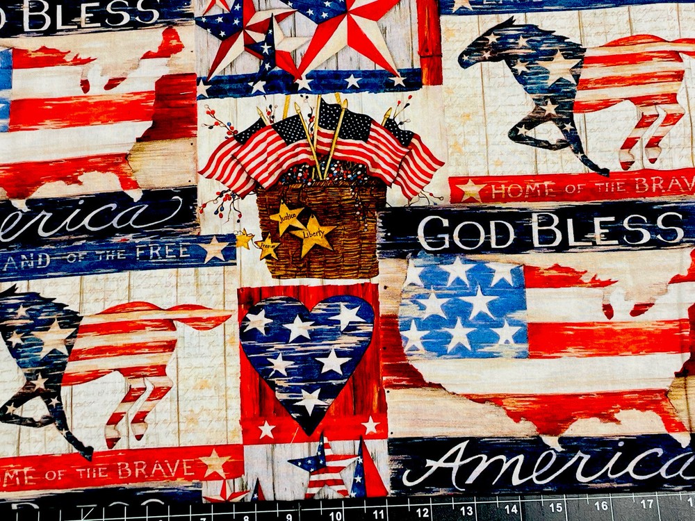 American Flag God Bless Brave Horse Star USA Patriotic 18″x21 Fat Quarter Fabric