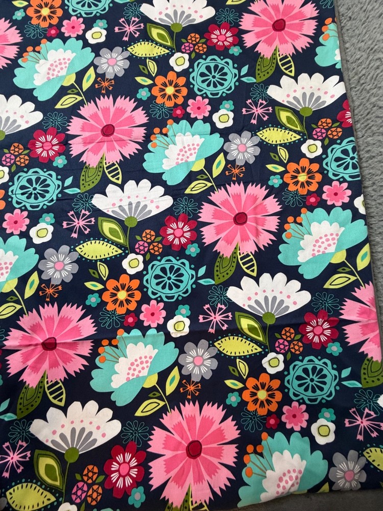 Fabric Lot 2 Yds 18 Ins 42 W Floral Op Art Flowers Home Decor Navy Pink Aqua
