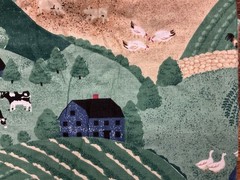1992 Fabric Traditions Country Farm Red Barns Chickens Cows Ducks 48” X 44”