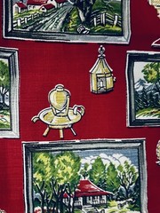 VTG `40-50`s BARKCLOTH Landscape Paintings and Colonial Decor on Red 34″x25½”