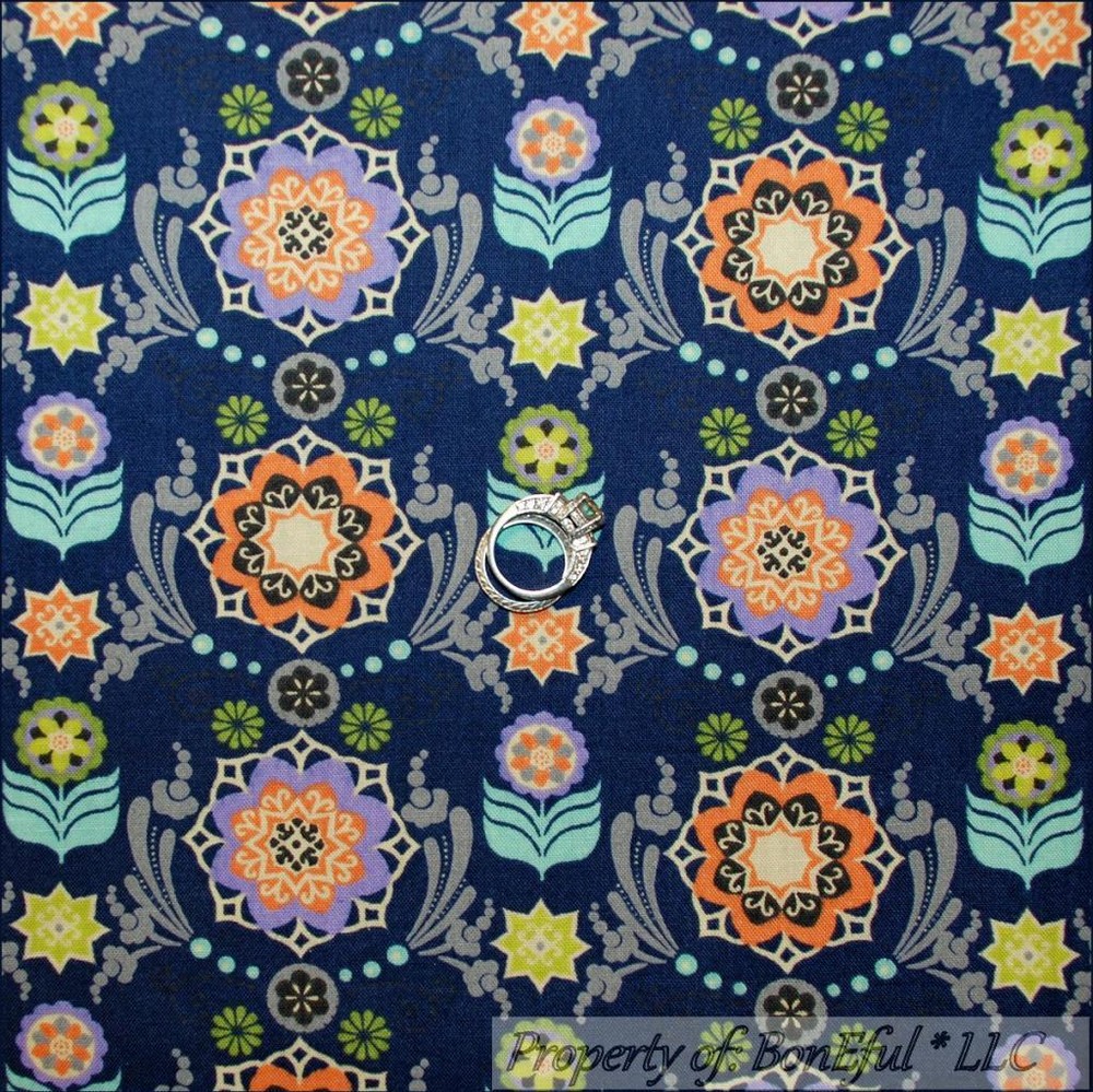 BonEful Fabric FQ Cotton Navy Blue Orange Flower Damask Ethnic Girl Spring BOHO