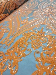 Orange Sequin Embroidered Lace Brown Stretch Mesh Fabric by the Yard For Dress