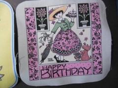 8 fabric pieces, Mary Engelbreit prints: 6.5″ x 6.5″