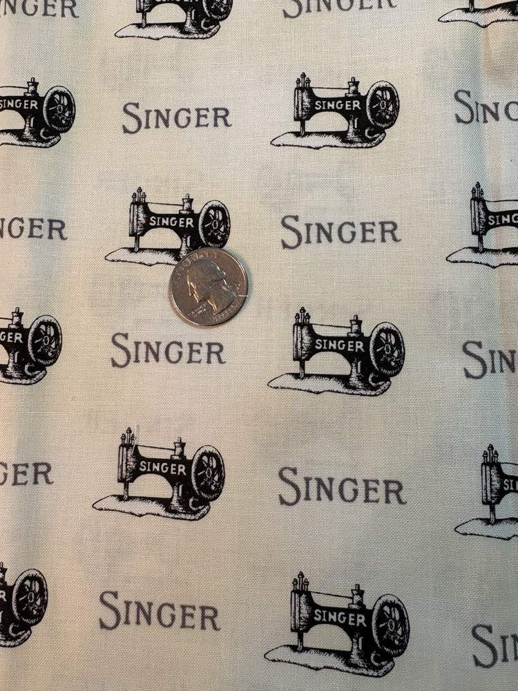 Singer Cotton Fabric Sewing Machine Print cream Black 1 yd x 44″w