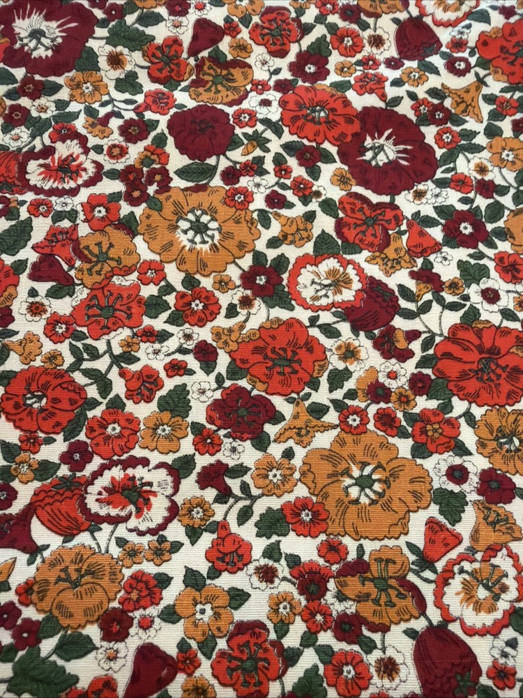 2 yards Vintage flowers red, orange, gold on Cream Floral Cotton fabric 36″ wide