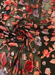 Italian designer Chiffon Velvet Burnout black base with red blue peach shades