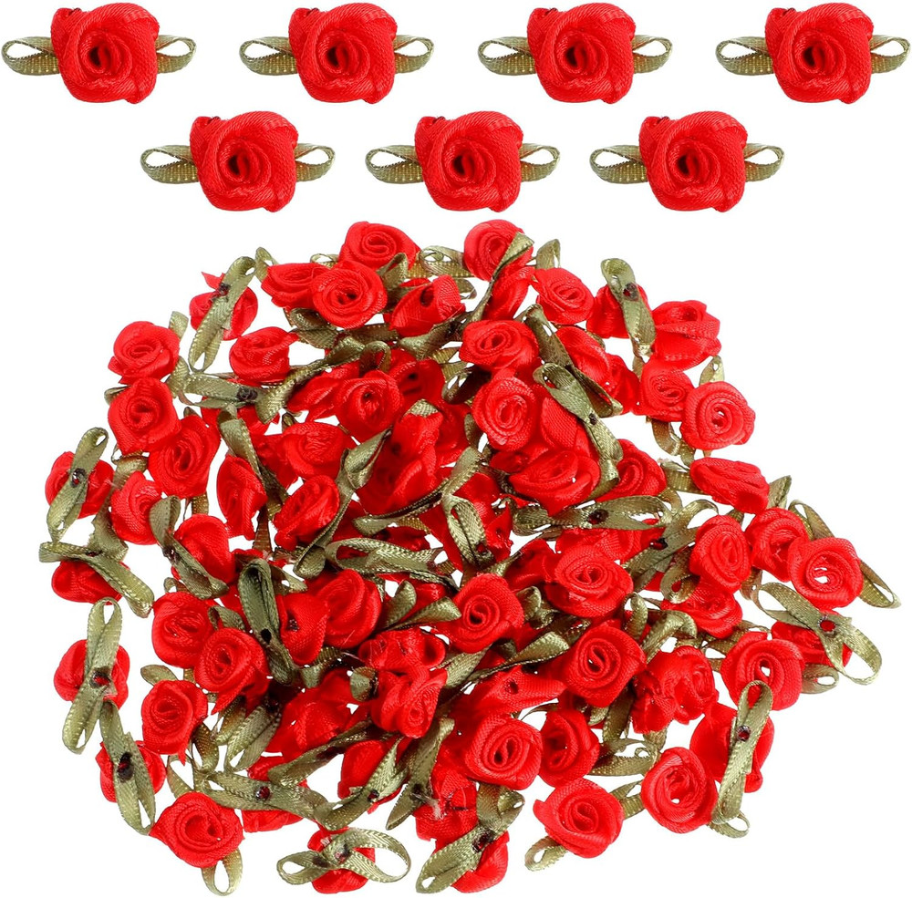 100 Pcs Red Mini Satin Rose Flower Appliques Ribbon Bows for DIY Craft & Sewing