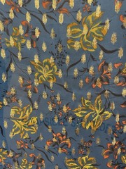 100% Silk Georgette Blue Gold Lurex Metallic Floral Fabric by the Yard 54″ Wide