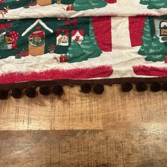 Vtg Christmas Table Cover Block Panel Fabric Craft Decor Brown Pompoms – A