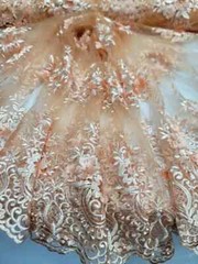 Peach 3D Floral Lace Fabric with Pearls & Scalloped Mesh by the Yard