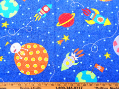 Planets Spaceship Stars Earth Sparkle Fabric Cotton BTY Kids Multicolored on Blu