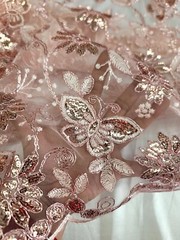 Blush Pink Embroidered Lace Butterflies Sequins Fabric By Yard Quinceañera