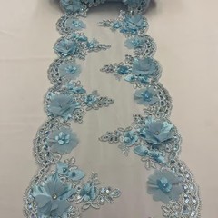 Baby Blue Beaded Lace Table Runner – 3D Embroidered Lace with Pearls & Crystals