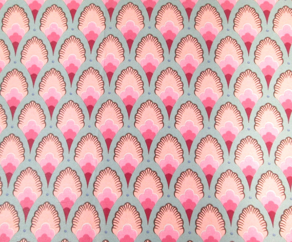 Vintage Shell Fan Floral Fabric Avon 1990 Hagapy Green Pink 52×90 Cotton Sateen