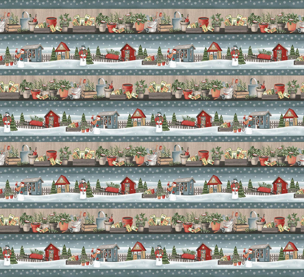 Christmas Fabric Border Stripe Gardening Snowman Cotton Henry Glass By The Yard
