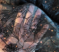 Spellbound Sparkle Spider Web Lace Fabric – Black/Orange – Halloween, JoAnn