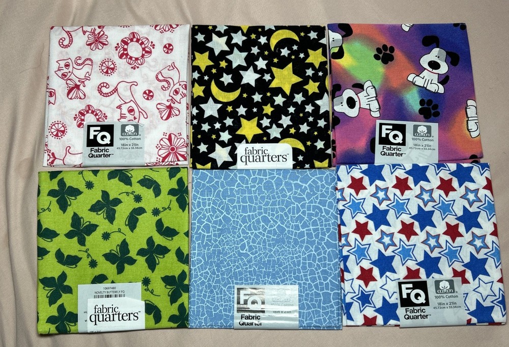 Lot of 6 Fat Quarters Cotton Unique Bulk Dog Cat Moon Stars Butterfly Crackly