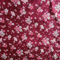 Burgundy Cotton Shirting from Japan, w/ Sakura Flowers, Butterflies, Gold Accent
