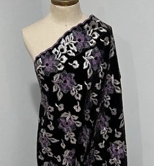 1 Yard Black Silver Purple Velvet Sequins Embroidered Lace Fabric 50” Width