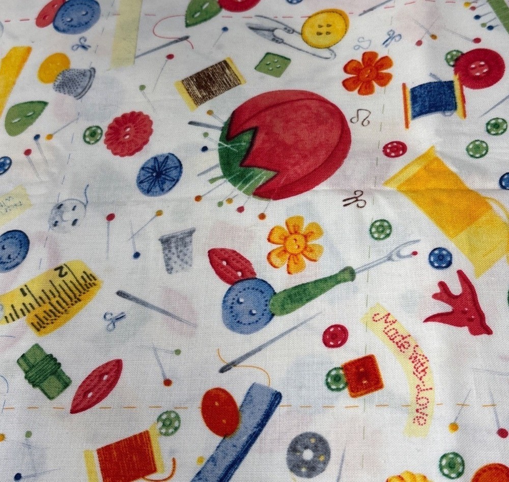 1/2 yard x 44″ Sewing-Themed Cotton Fabric Bright Fun Design Craft Quilt Supply