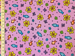 Pink Fish & Flowers Garden 100% Cotton Knit Fabric 52″W By Yard-CTPR13