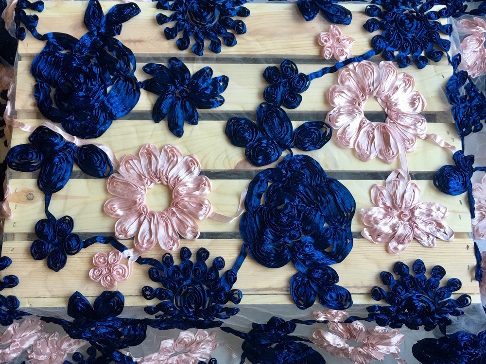 60″ Wide 3D Ribbon Flowers Embroidered Fabric with White Mesh Base for Sewing
