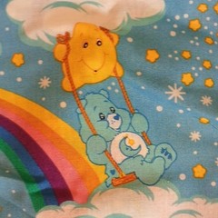 Care Bears Cartoon Print Fabric Blue Rainbow Clouds 44″ W x 89″ L NWOT Vintage