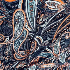 Blue and Orange Paisley Print Stretch Fabric 60″wide Swimsuit Spandex By Yard