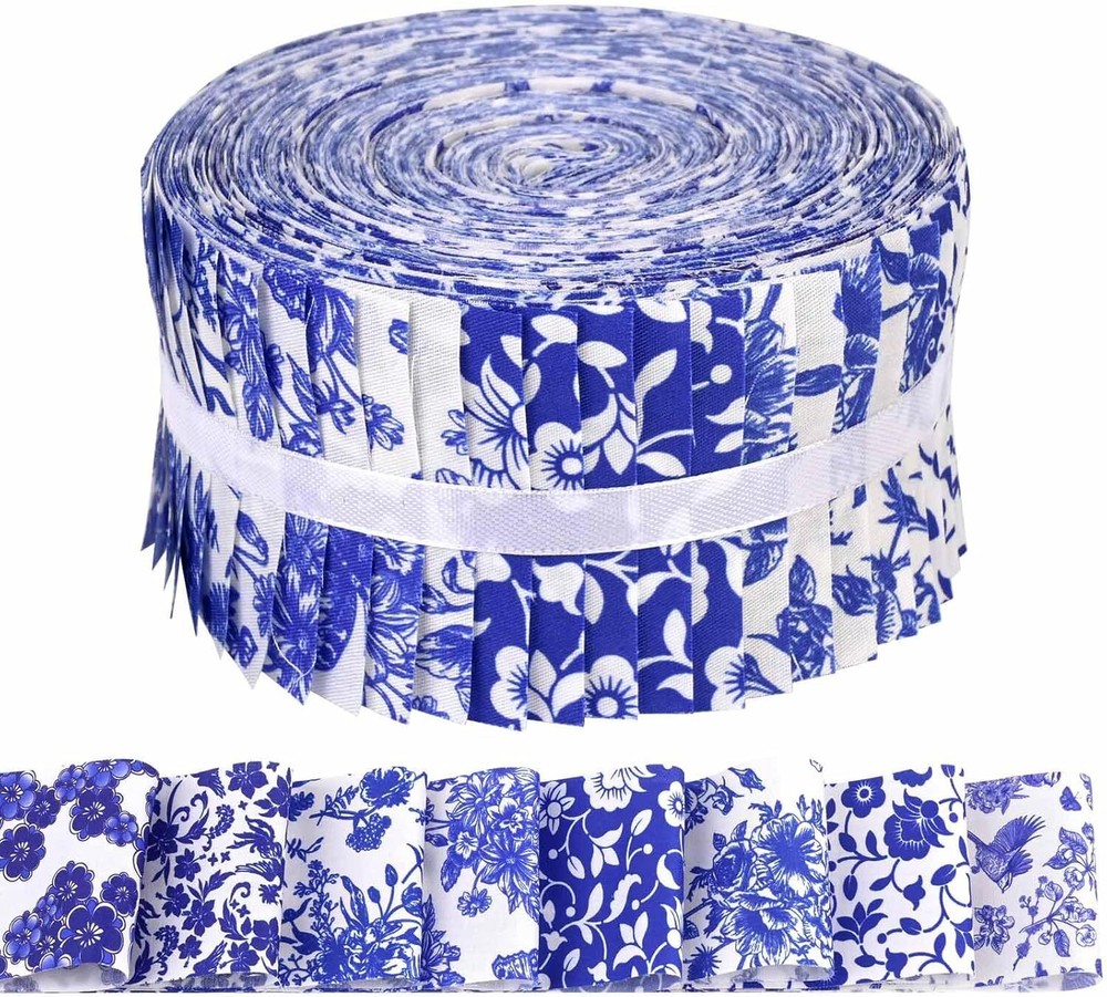40 Pcs Chinoiserie Cotton Jelly Roll Blue and White Porcelain Fabric Strips