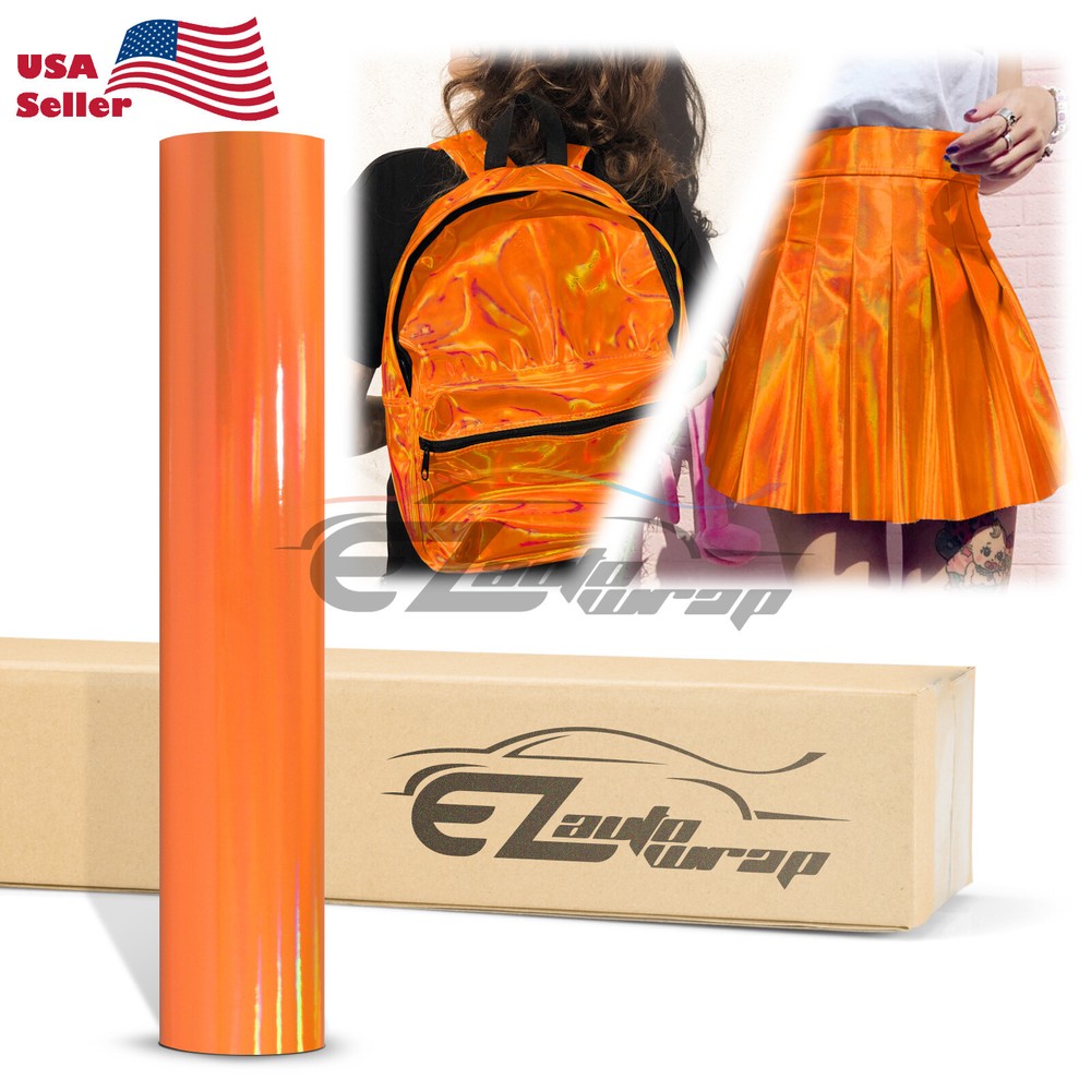 Fabric Holographic Orange Cloth Vinyl Weave PU Faux Leather Iridescent Craft DIY