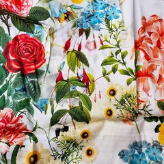 Colorful Floral Cotton Sateen Fabric 4y X 58″