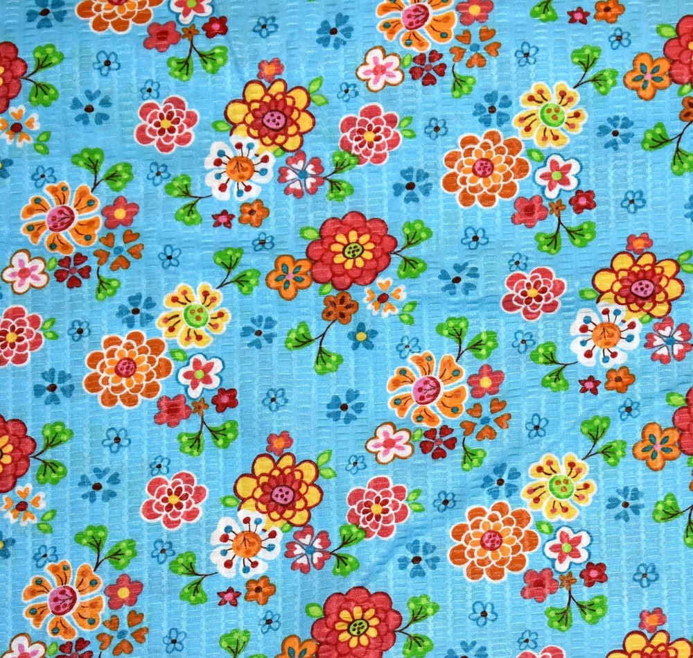 Vtg Seersucker Fabric Cotton Blend Retro Bright Floral Flowers 2 Yds 34″ x 44″