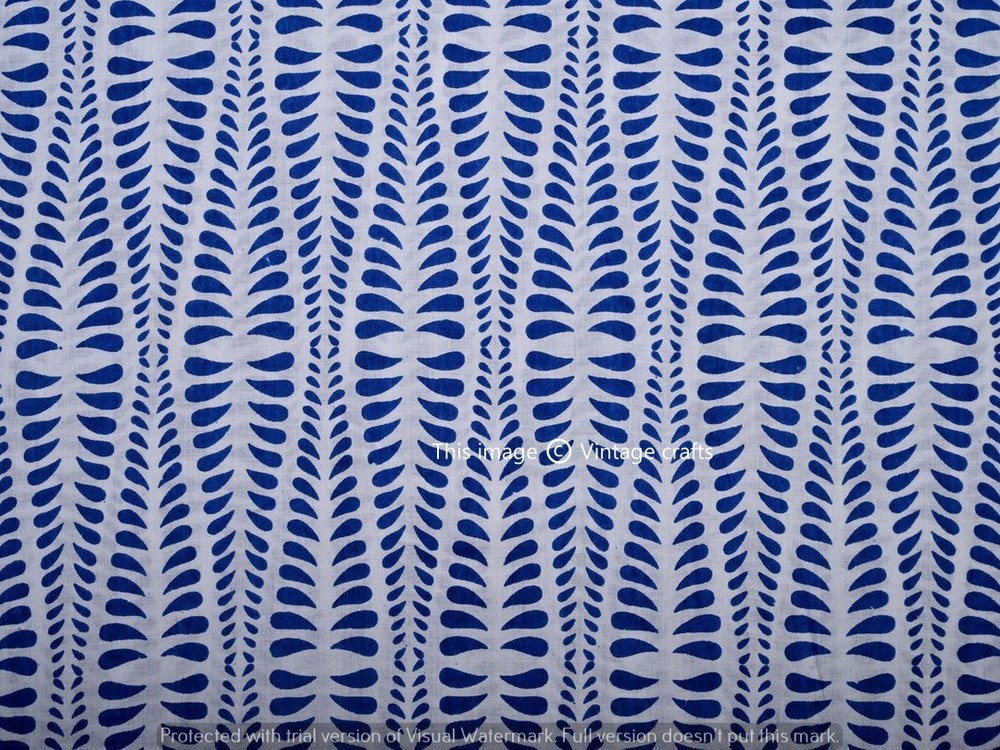 5 Yard Indian Blue Floral Hand Block Print Cotton Fabric Dressmaking Sewing Art