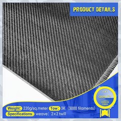 Tela De Fibra De Carbono-2X2 Tejido De Sarga 3KILO 220G 6.5 Ft X 12” Paquete De