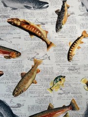 Fabric OOP Fish on Newspaper Exclusively JoAnn Cabin Fishing Cotton 36 L x 44″ W