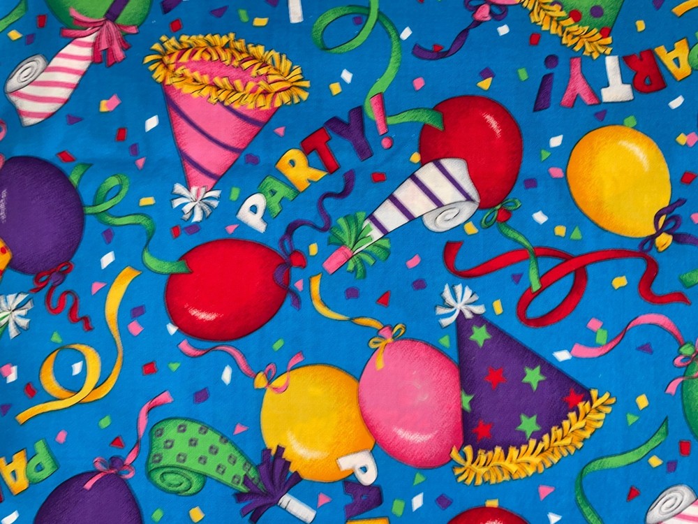 25″ X 58″ Cranston Birthday Party Hats Balloons Cotton Fabric Vintage 2/3+ Yds