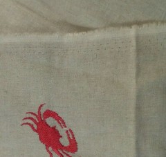 Red Crab Embroidered Linen Look Fabric 3-5/8+ yd (132″l) 54″w Natural Flax color